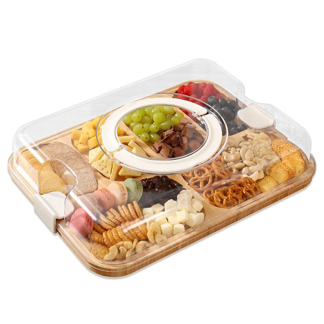 KHINYA Cutting Board - Charcuterie Boards, Charcuterie Board with Cover, Portable Cheese Board for Travel, Convenient Lid with Handle and Locks (6 Compartments Cream)