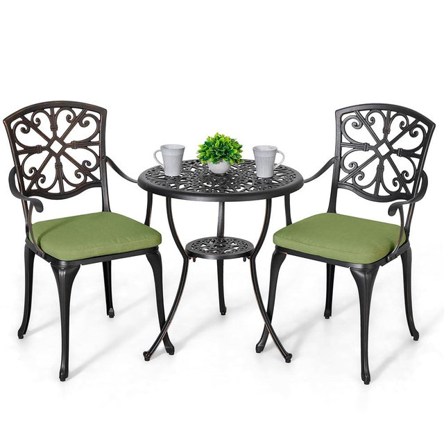 NUU GARDEN 3-Piece Outdoor Bistro Set with Cushions, Round 24 Inch Cast Aluminum Round Table with 1.77" Umbrella Hole and 2 Cast Aluminum Armchairs with Cushions, Black with Gold-Painted Edge