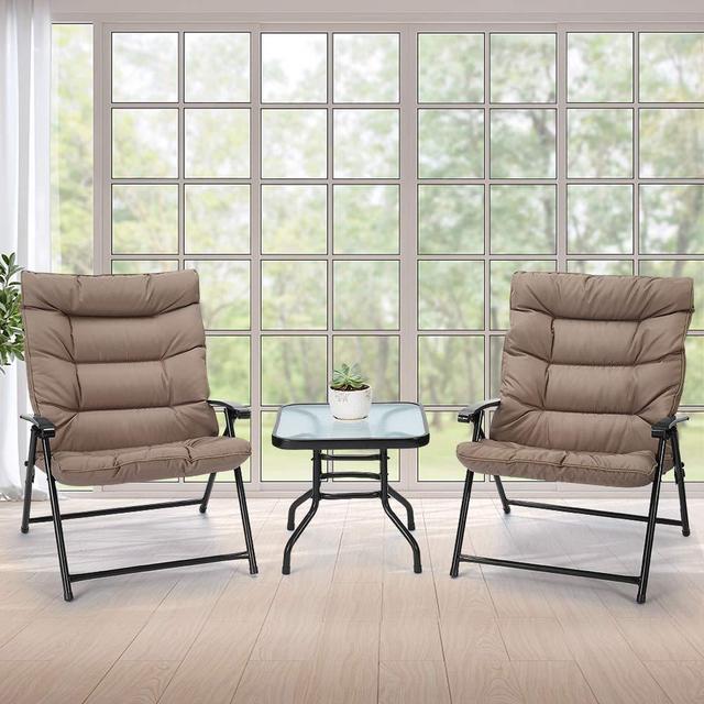 AVAWING 3-Piece Patio Chairs Outdoor Furniture Adjustable Reclining Bistro Set with Glass Coffee Table (Khaki)