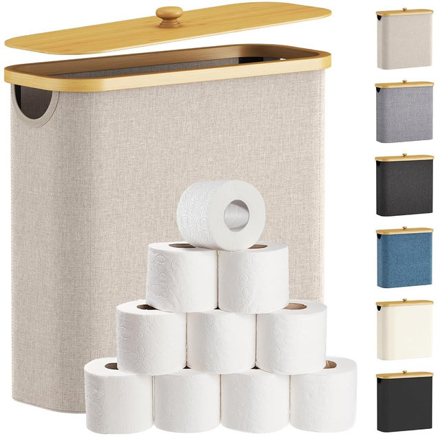 Lifewit Toilet Paper Storage Holder for 12 to 16 Rolls, Free Standing Toilet Paper Basket Stand with Bamboo Lid, Collapsible Fabric Bathroom Organizer Box for Mega Rolls, 30L, Extra Large, Beige