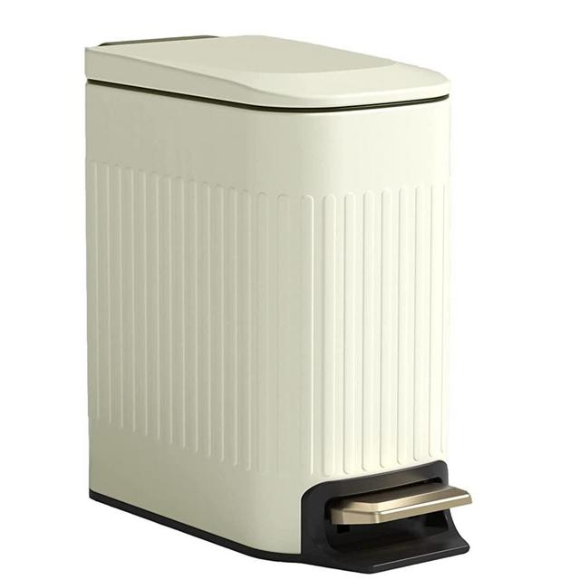Small Bathroom Trash Can with Lid-Stainless Steel Step Pedal Trash Can Slim Metal Wastebasket-Narrow Rectangle Garbage Container Bin with Inner Bucket for Bedroom Office Kitchen Toilet- 1.6 Gal- Beige