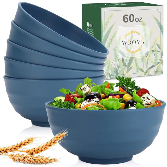 Wheat Straw Bowls Set 60 OZ Unbreakable Large Cereal Bowls Set of 6 Microwave and Dishwasher Safe Bowls Big Bowls for Eating BPA Free Eco Friendly Soup Bowl for Serving Oatmeal and Salad (Blue)