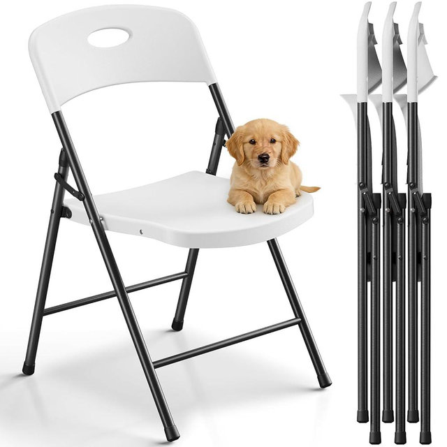 MAKE CHANGES Folding Chairs 4 Pack, Outdoor White Folding Chairs for Outside Indoor, Portable 350 lbs Capacity Heavy Duty Plastic Metal Foldable Chairs Commercial Seating for Picnic, Party, Patio