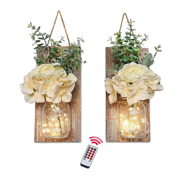 Rustic Wall Sconces Mason Jar- Hanging Wall Art with Remote Timer LED Fairy Lights & New Hook Design, Farmhouse Kitchen Decorations Sconces Set of Two, Rustic Brown（M-Large)