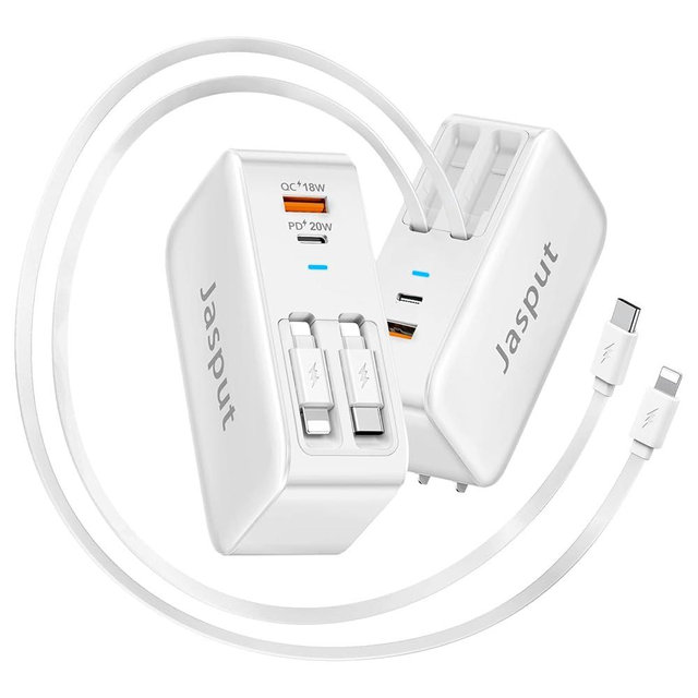 4 in 1 Retractable Wall Charger with Dual Cables, 40W Fast Retractable Charger with QC 18W USB and PD 20W Type C Port, Retractable Phone Charger Wall Plug for iPhone 16/15/14/13, LG, Galaxy, Pixel