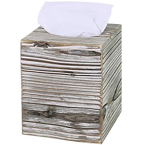 Supla Rustic Wood Square Tissue Box Cover Tissue Holder Torched Barnwood Wooden Tissue Paper Cube Box with Slide-Out Bottom Panel 5.5" L x 5.5" W x 6.5" H for Vintage Farmhouse Bathroom Decor