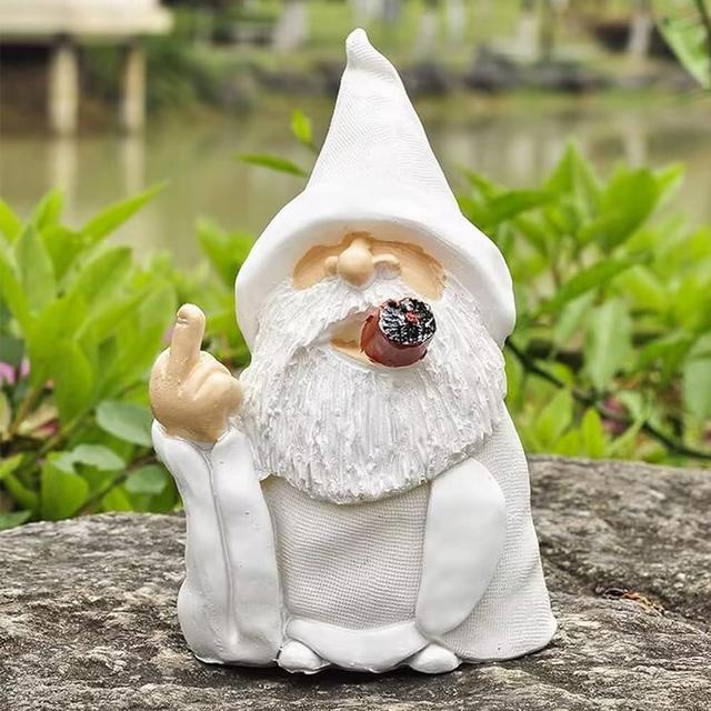Middle Finger Figurine Ornaments, Funny Garden Gnomes Outdoor Statues 5.9 Inch Naughty Smoking Wizard Dwarf Sculpture Decoration for Lawn Patio Outside Yard Decor Housewarming Christmas Garden Gift
