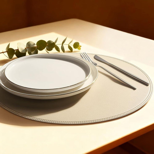 Rinpon Round Vinyl Beige Placemats Set of 6, Faux Leather Waterproof Wipeable Heat Resistant Place Mats, Washable Table Mats for Halloween, Thanksgiving & Christmas Dinner (Beige)