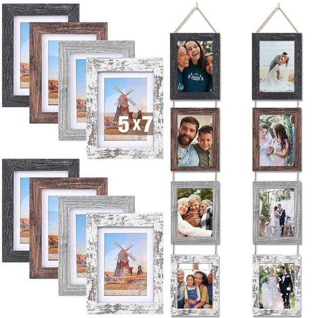 Qunclay 2 Set 5 x 7 Wall Hanging Picture Frames Collage with 8 Openings, Rustic Picture Frames Multiple for Friend Family Wedding Photos, Farmhouse Decor, Wedding Housewarming Christmas Gifts