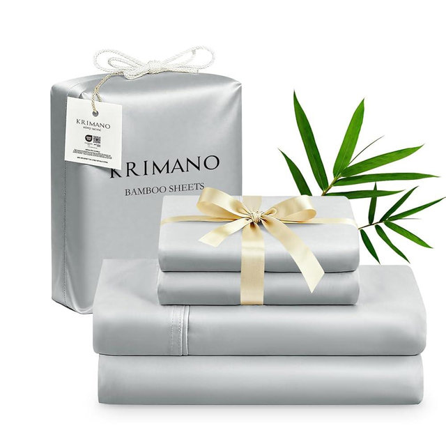 KRIMANO Queen Size Sheet Set, Bamboo Sheets for Bed Set 4pcs, 100% Organic Viscose Derived from Bamboo, Hotel Luxury Silky & Cooling for Hot Sleepers, Deep Pocket Up to 17", Light Grey