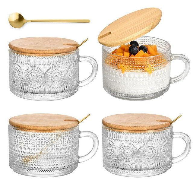 Tinaforld Vintage Glass Coffee Mugs 4 Set, 14oz Overnight Oats Containers with Bamboo Lids and spoon, Glass Tea Cups, Coffee Bar Accessories, Ideal Birthday, Holiday Gifts for Women