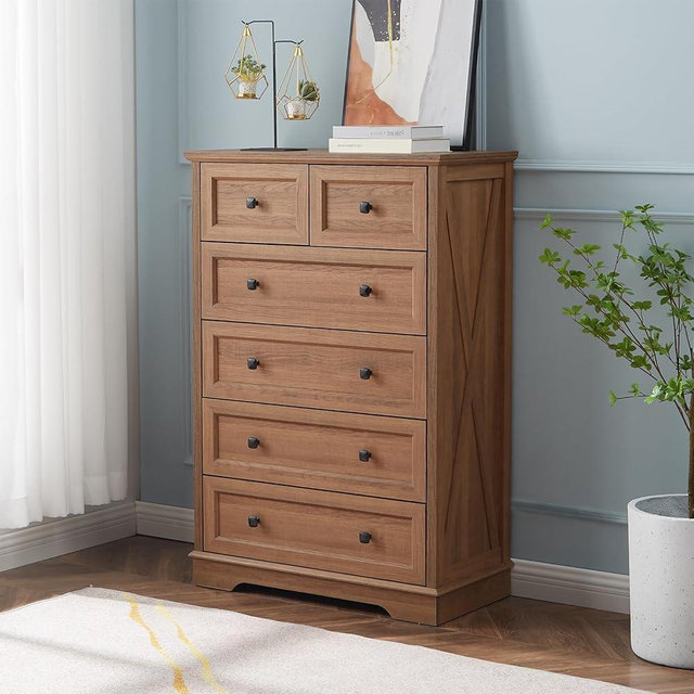 LDTTCUK 6 Drawer Dresser, Farmhouse Dresser Chest of Drawer for Bedroom, 48 Inch Tall Dresser, Wood Storage Chest of Drawers Storage Cabinet for Living Room, Entryway, Hallway, Natural Oak