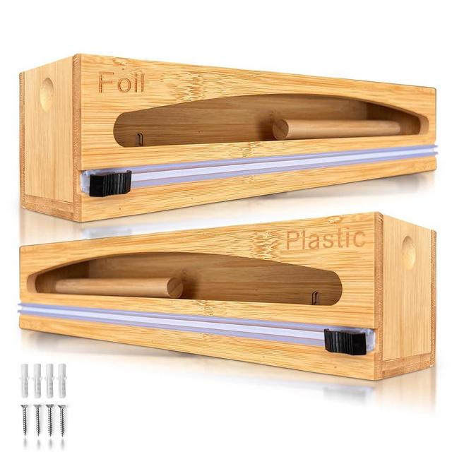 NovaNest Wrap Organizer Dispenser with Cutter, (2 Piece Set), Fits 12" Rolls, Plastic Wrap, Aluminum Foil, Wax Paper, Saran Wrap, Cling Wrap Holder for Kitchen Storage, Mountable, Bamboo