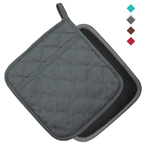 YEKOO Cotton and Neoprene Oven Pot Holder with Pocket 8"x8.5" Dual-Function Hot Pad Set for Finger Hand Wrist Protection Heat Resistant to 428°F Gray