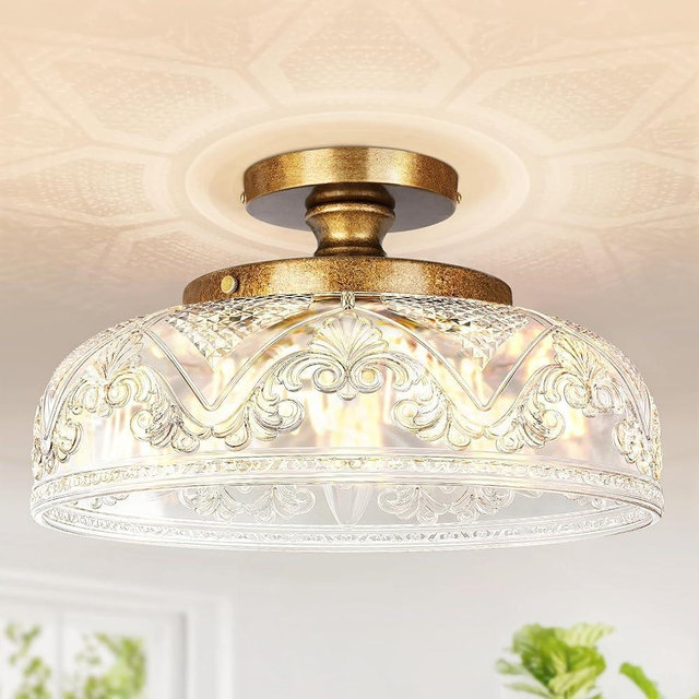 Slypadan Semi Flush Mount Ceiling Light, 12 Inch Large Copper Ceiling Light Fixture, 3-Light Globe Glass Farmhouse Kitchen Lighting Fixtures for Bathroom, Hallway, Dining Room (Bulb Not Included)
