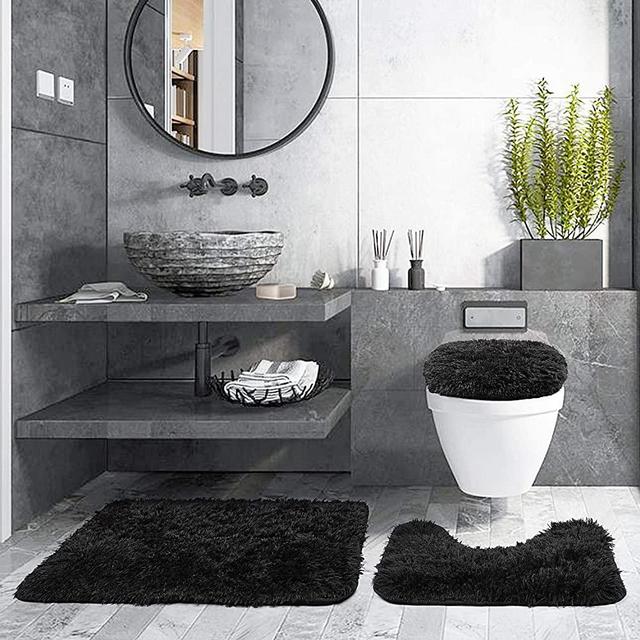 3 Piece Thicken 0.4" Bath Rugs Set, Bath Rug + Contour Mat + Toilet Seat Cover, Super Long Soft Microfiber Water Absorbent & Non-Slip Bathroom Rugs with PVC Point Rubber Backing (Black)