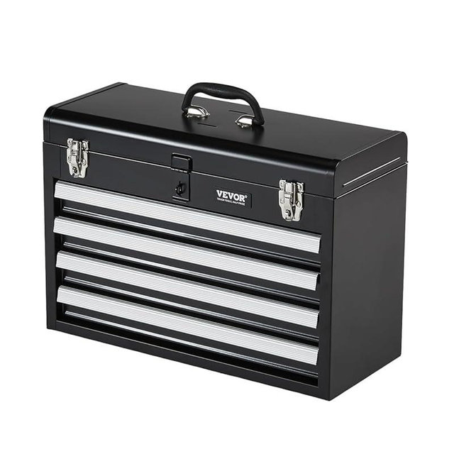 VEVOR Metal Tool Box, 20.5-inch, Portable Metal Tool Box with 4 Drawers, Small Tool Chest with EVA Liners, Ball Bearing Slide Drawers Locking & Powder Coated Finish, Multi-Function Tool Organizer
