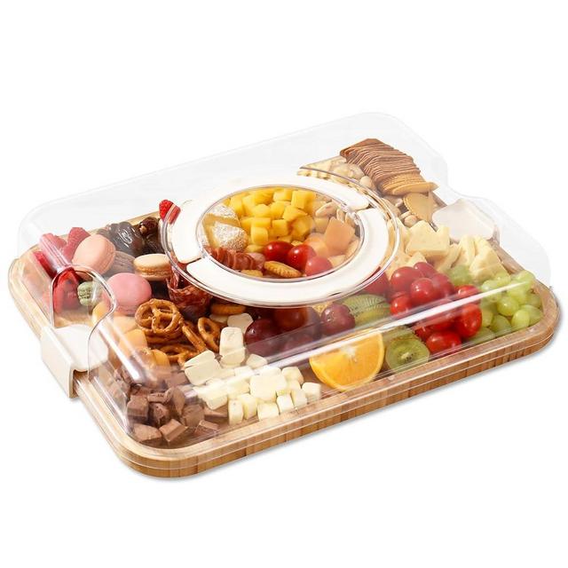 KHINYA Cutting Board - Charcuterie Boards with Lid, Portable Cutting Boards for Kitchen, Bamboo Cheese Board for Snack, Charcuterie (1 Compartment Yellowish White)