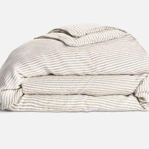 Queen Washed European Linen Duvet Cover- Color: Oxford Stripe in Oat Chambray