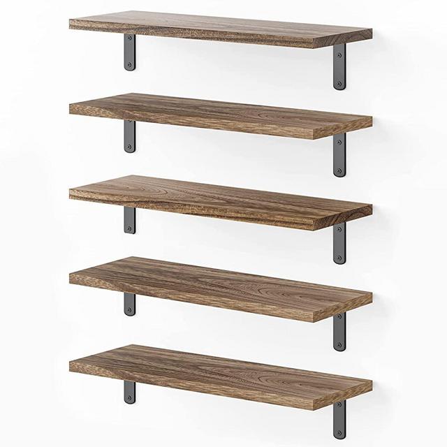 POTRAS Floating Shelves for Wall Décor, Rustic Wood Wall Shelves for Bedroom Set of 5, Farmhouse Style Floating Shelf for Bathroom, Hanging Shelves for Storage, Wall Mounted Shelves for Living Room