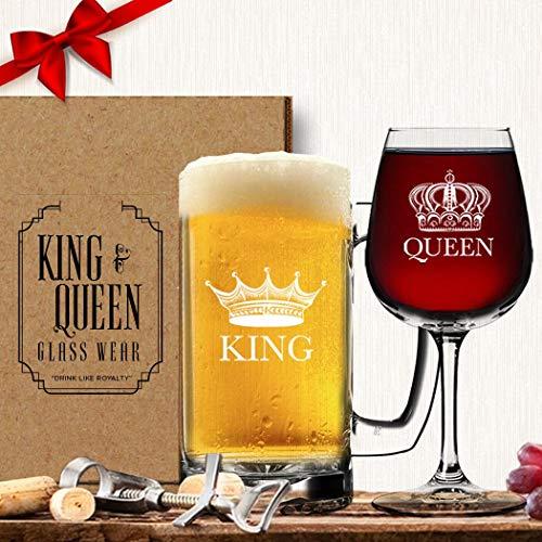 King Beer Queen Wine Glass (Set of 2) - His Hers Couple Drinkware - Newlyweds Wedding Anniversary Bridal Gift - Mr and Mrs Housewarming Birthday Glassware - Husband Wife Funny Fancy Royalty Novelty