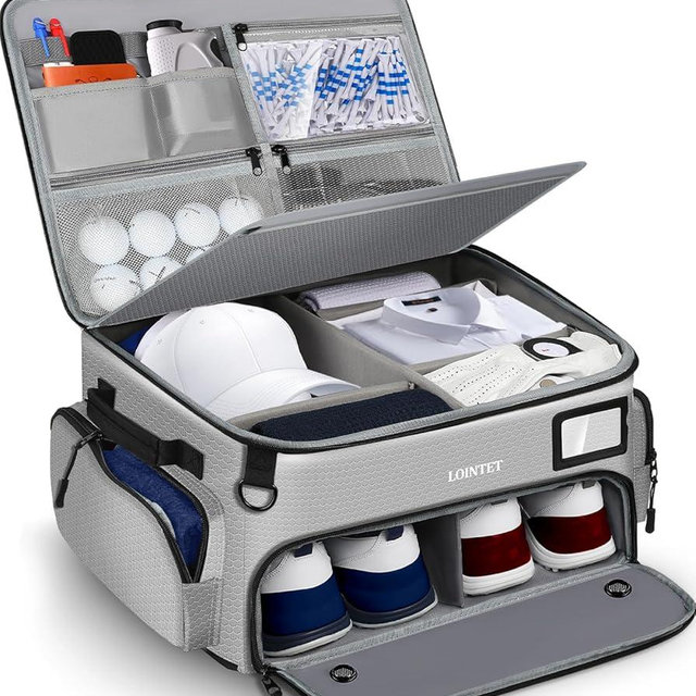 LOINTET Golf Trunk Organizer, Waterproof Car Golf Locker with Separate Ventilated Compartment for 2 Pair Shoes, Golf Storage for Balls, Tees, Cap, Clothes, Gloves, Accessories, Gifts for Men, Women