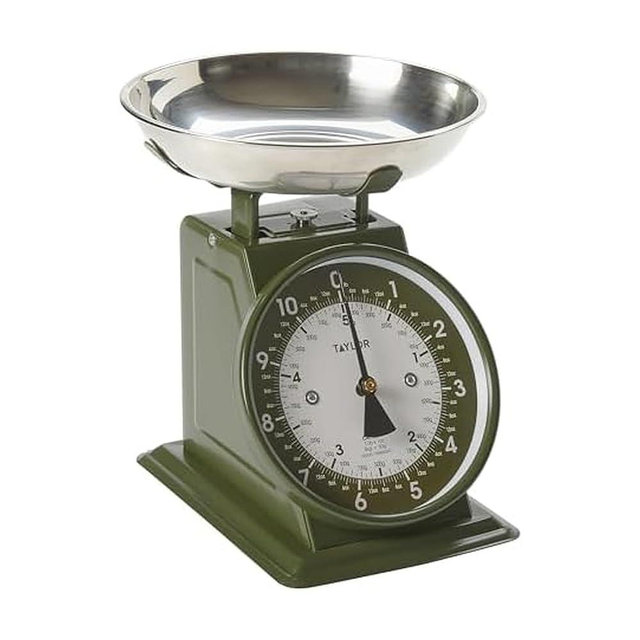 Taylor Analog Kitchen Scale, Stainless Steel Mechanical Food Scale with Removable Bowl, 11 lb Capacity, Large 5-Inch Dial, Battery-Free Design for Baking and Meal Prep