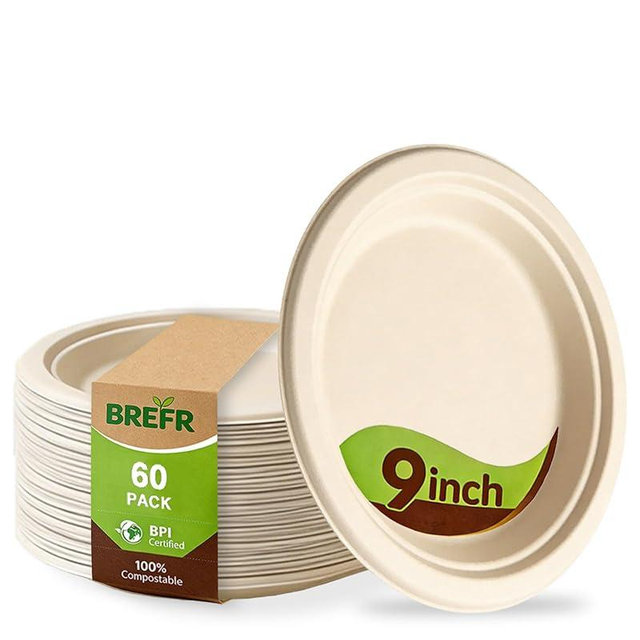 BREFR 60 Pack 9 Inch Compostable Plates, Heavy Duty Dinner Plates – Biodegradable Sugarcane Plates for BBQ, Family Meals, Parties