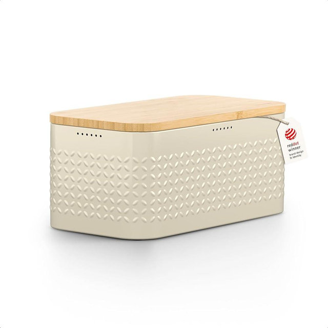 LARS NYSØM Bread Box I Metal bread box for long lasting freshness with non-slip pads I Baked goods Bin with bamboo lid usable as cutting board I 13.6x7.3x6.2in (Almond Beige)