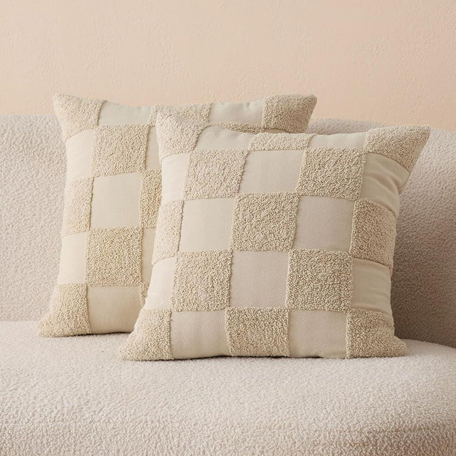 Double Stitch 100% Cotton Throw Pillow Covers - Set of 2 Checkered Tufted Boho Decorative Pillow Covers 20x20, Made in India, Square Cushion Case, Modern Home Decor for Couch, Sofa, Living Room, Oat
