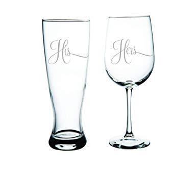 His Pilsner Beer Glass, 23oz. and Hers Wine Glass, 19oz. (set of 2) - Great Couples Gift.