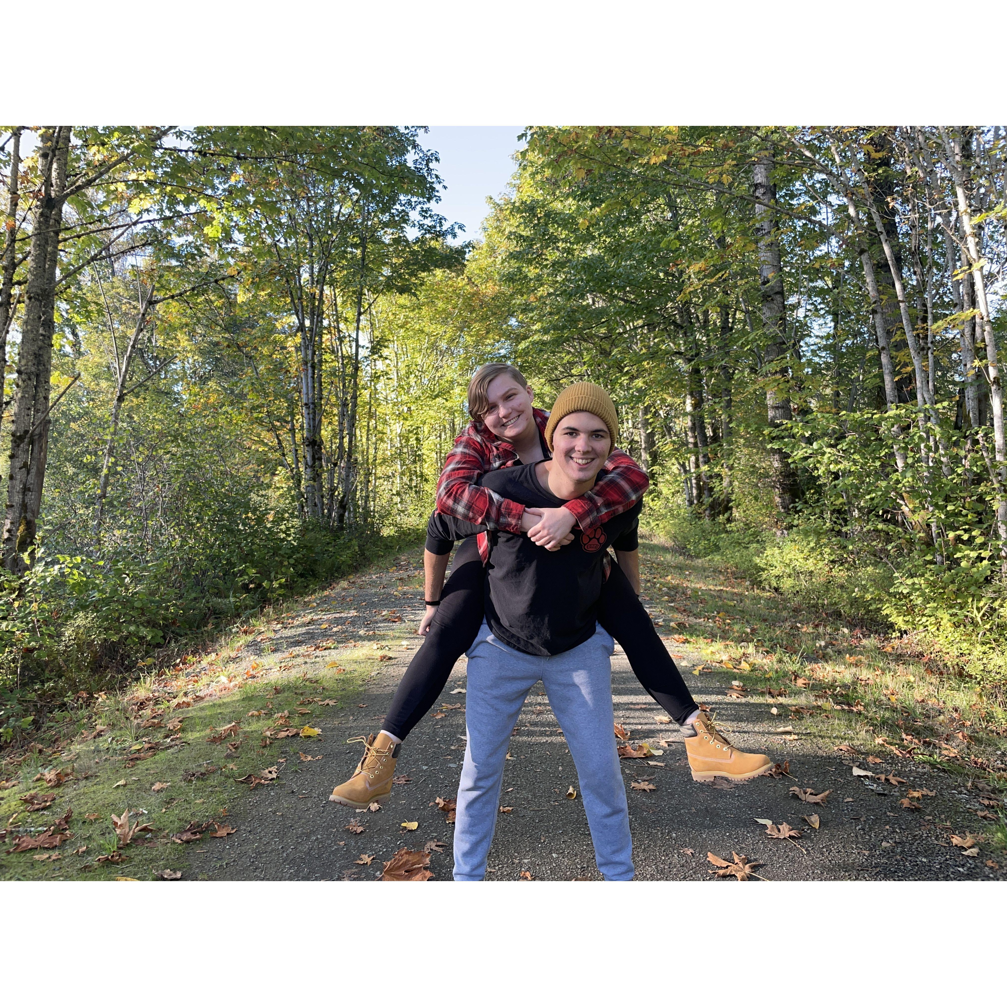 Us taking fall photos, head over heels in love