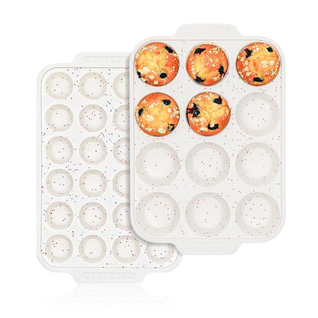Vinino Silicone Cupcake Pan Set with Metal Reinforced Frame, Regular 12 Cup and Mini 24 Cup Muffin Pans for Baking with Non-Slip Handle, Nonstick Muffin Tray for Oven, BPA Free, Dishwasher Safe