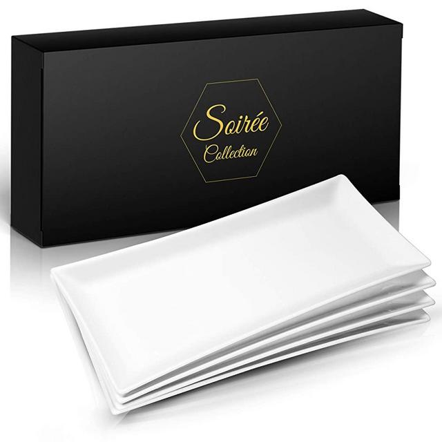 Soirée Collection White Serving Platter Set of 4 (14 Inch) Large Premium Porcelain Platters, Rectangular Plates, Rectangle Serving Platters for Parties & Entertaining - Appetizer & Dessert Serveware