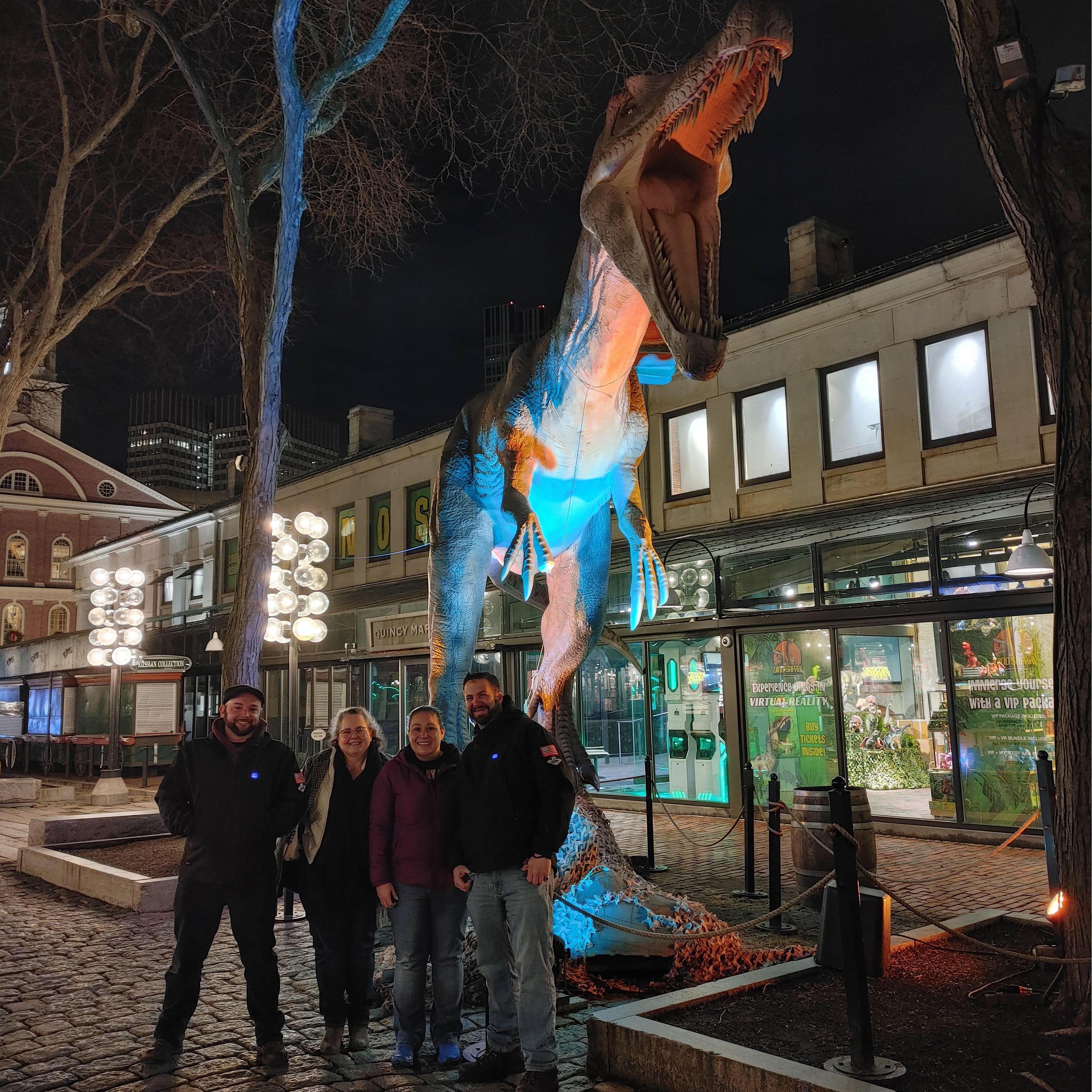 Jan. 27, 2023 - We posed with a new dinosaur friend in Boston's Faneuil Hall with Allison and Kathy! Photo Credit: The Nice Lady Passing By