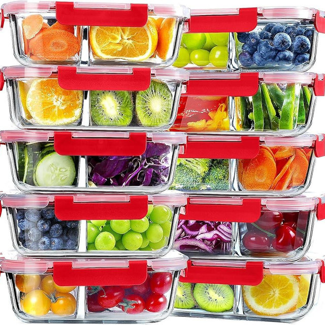 VERONES 10 Pack Glass Meal Prep Containers 2 Compartment Set, 30 OZ Airtight Glass Lunch Containers, Glass Food Storage Containers with Lids, for Microwave, Oven, Freezer & Dishwasher Friendly，Red