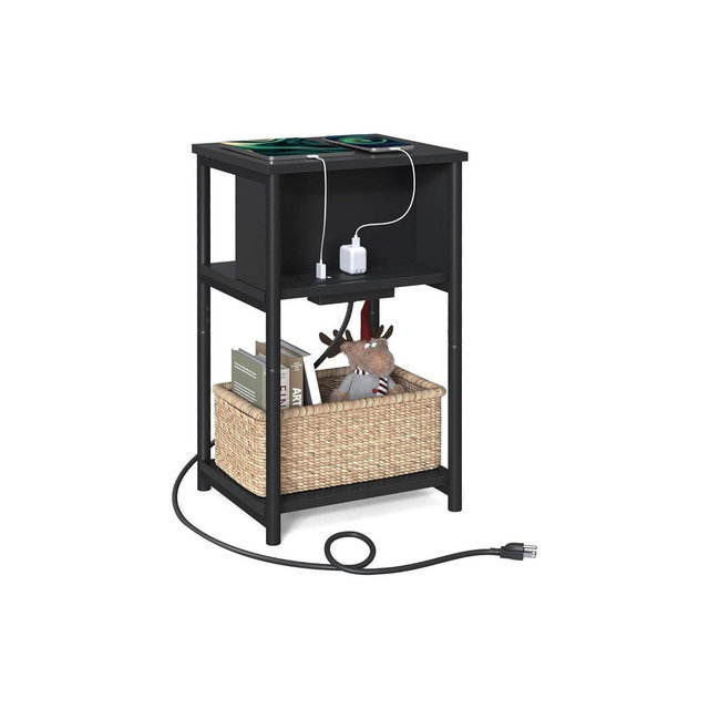 VASAGLE End Table with Charging Station 3-Tier Side Table with USB Ports and Outlets Nightstand Black
