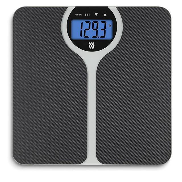 WW Scales by Conair Carbon Fiber Design BMI Bathroom Scale, Shows BMI (Body Mass Index) for 4 users, 400 Lbs. Capacity