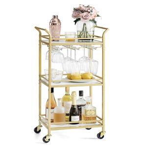 VASAGLE Bar Cart, Home Bar Serving Cart, Small Bar Cart with 3-Tier Shelf, Wine Holders, Glass Holders, Mini Bar Cart for Small Spaces, Kitchen, Dining Room, Living Room, Pale Gold