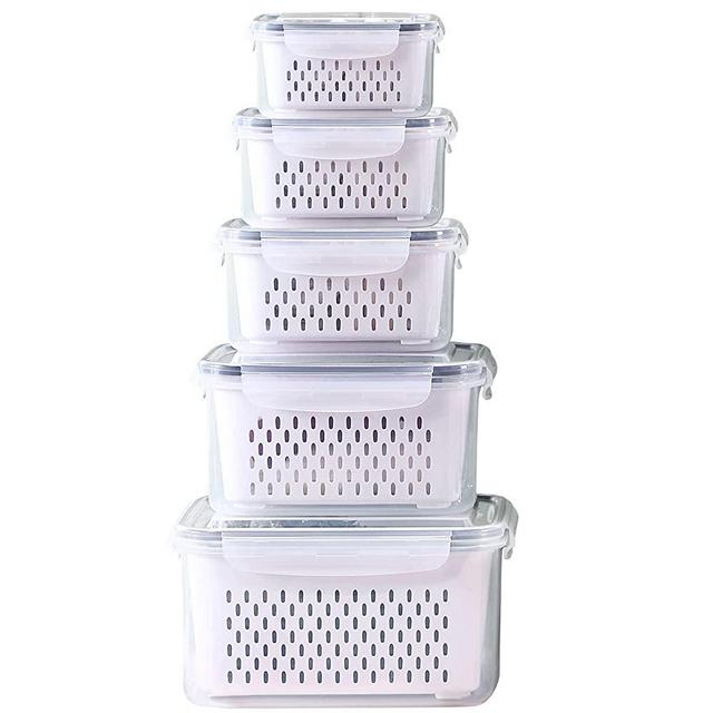 5 PCS Large Fridge Food Storage Container Set with Lids with Strainer,Plastic Fresh Produce Saver Vegetable Fruit Meat Storage Organization, BPA-Free Plastic Produce Keepers(6.2L+4.15L+3.15L+1.7L+0.8L)