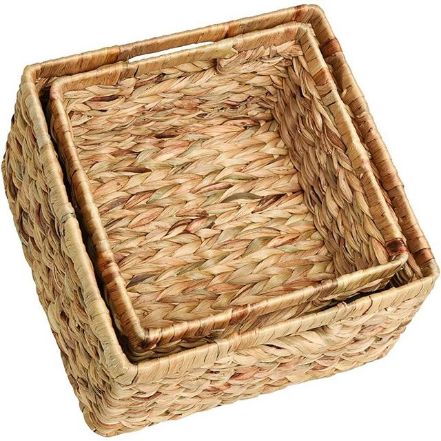 StorageWorks Water Hyacinth Storage Baskets, Handwoven Rattan Baskets for Organizing, Decorative Wicker Baskets with Built-in Handles, 2 Pack
