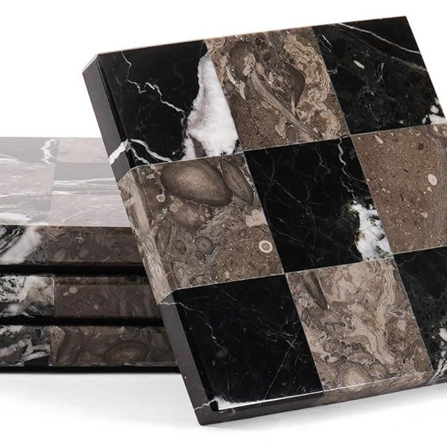 EarthenTones Marble Coasters Set of 4, Zebra Black & Oceanic Handmade 4 inch Stone Coaster, Square Drink Checkered Coasters for Coffee Table, Stylish Bar Accessories & Modern Home Décor