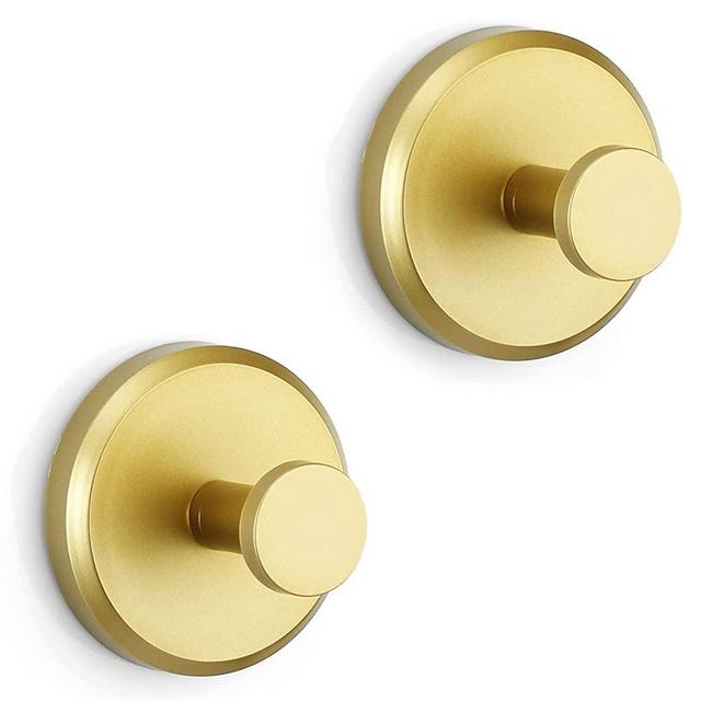 HOME SO Suction Cup Hooks for Shower, Bathroom, Kitchen, Glass Door, Mirror, Tile – Loofah, Towel, Coat, Bath Robe Hook Holder for Hanging up to 15 lbs – Waterproof, Matte Brushed Satin Gold (2-Pack)