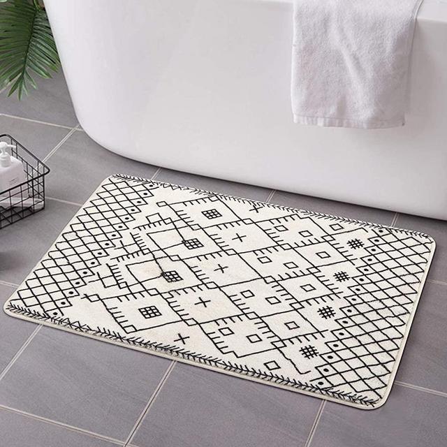 Uphome Moroccan Bathroom Rugs Modern Geometric Velvet Bath Mat 18x25 inch Boho Tribal Non-Slip Bath Rug Soft Microfiber Machine-Washable Floor Rugs for Shower Bathtub