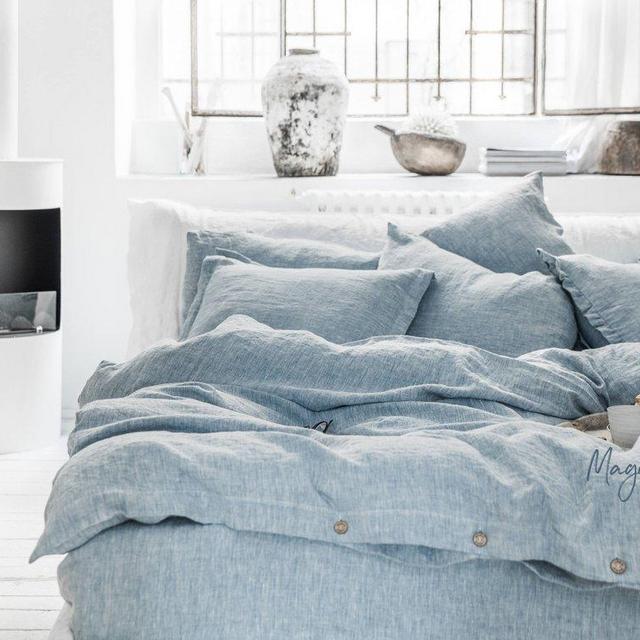 Linen duvet cover in Blue Melange (Light Blue Denim color). Custom size washed linen bedding.