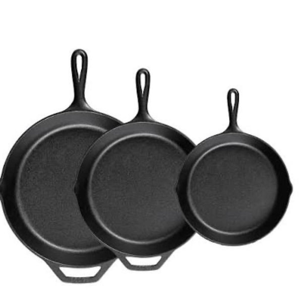 Lodge Seasoned Cast Iron Skillet Set - PFAS-Free, Non-Toxic Cookware - Use with an Oven, Stove, Grill, or Campfire - Naturally Non-Stick & Oven Safe - 8, 10.25 & 12 Inches