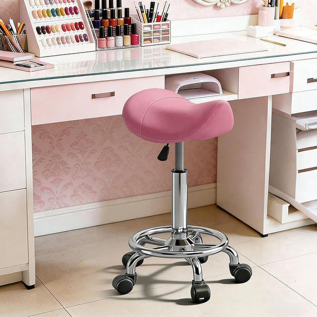 Timbertouch Saddle Stool, Adjustable Height Ergonomic Swivel Chair with Wheels, PU Leather Saddle Seat with Ring Pedal for Salon, Massage, Clinic, Lab, and Office
