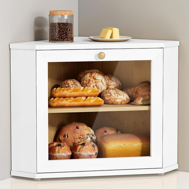 Goozii White Corner Bread Box for Kitchen Countertop, 2 Tier Breadbox for Sourdough Loaf, Modern Bread Storage Container for Island Counter Top Organizer, Cabinet Cupboard Pantry Shelf (Bamboo Wood)