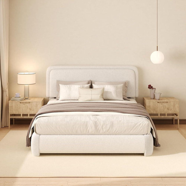 Vcooved Queen Boucle Platform Bed Frame with Height Adjustable Headboard, Modern Upholstered Cloud Bed, Sleek Curved Design, No Box Spring Needed, Easy Assembly, Noise Free, White