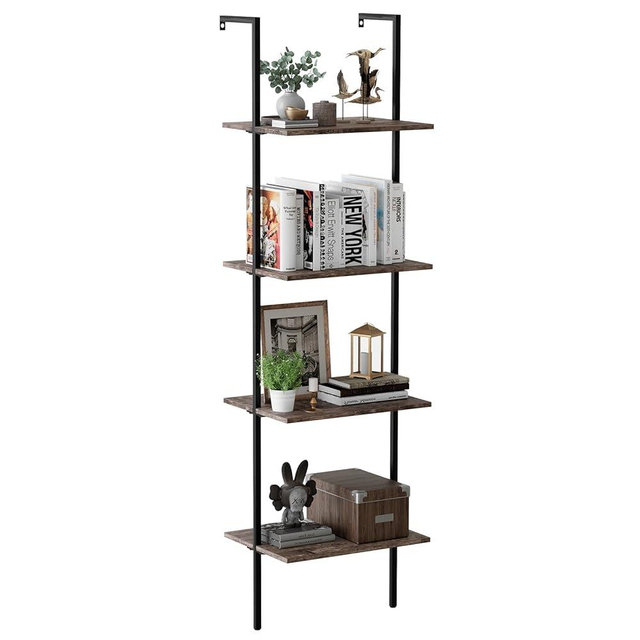 Wolawu Ladder Shelf 4 Tiers Metal Industrial Bookshelf,Brown Wood Tall Open Storage Rack and Display Shelves,Wall Mount Wide Book Case for Home Office Bedroom,Small